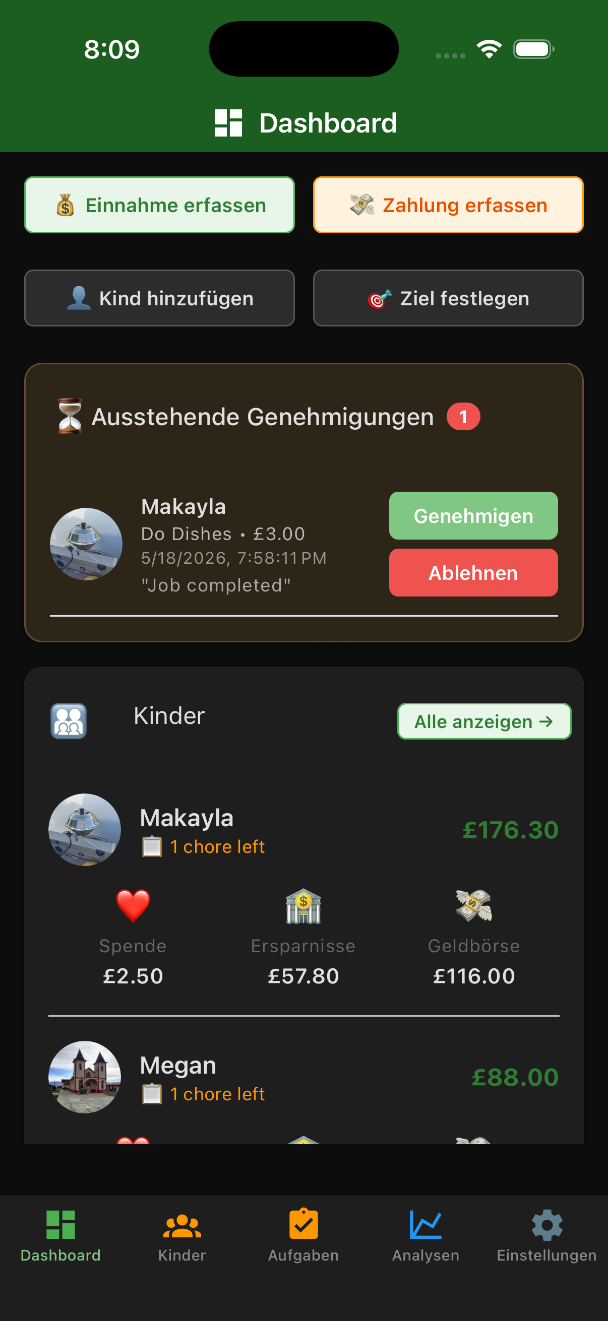 EarnIt Eltern-Dashboard mit Kinderprofilen und Saldoübersicht