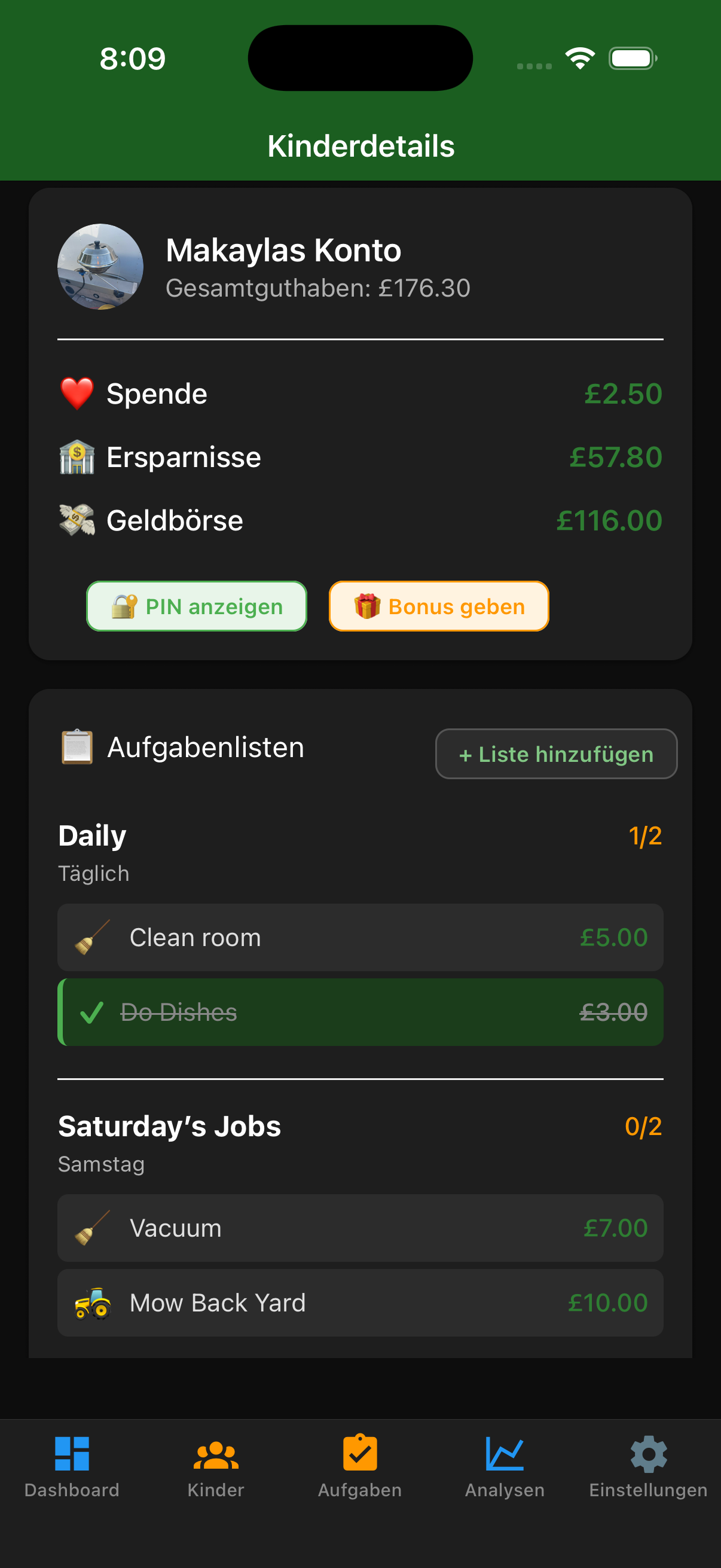 EarnIt Kind-Detailansicht mit Aufgaben, Einnahmen und Saldobreakdown