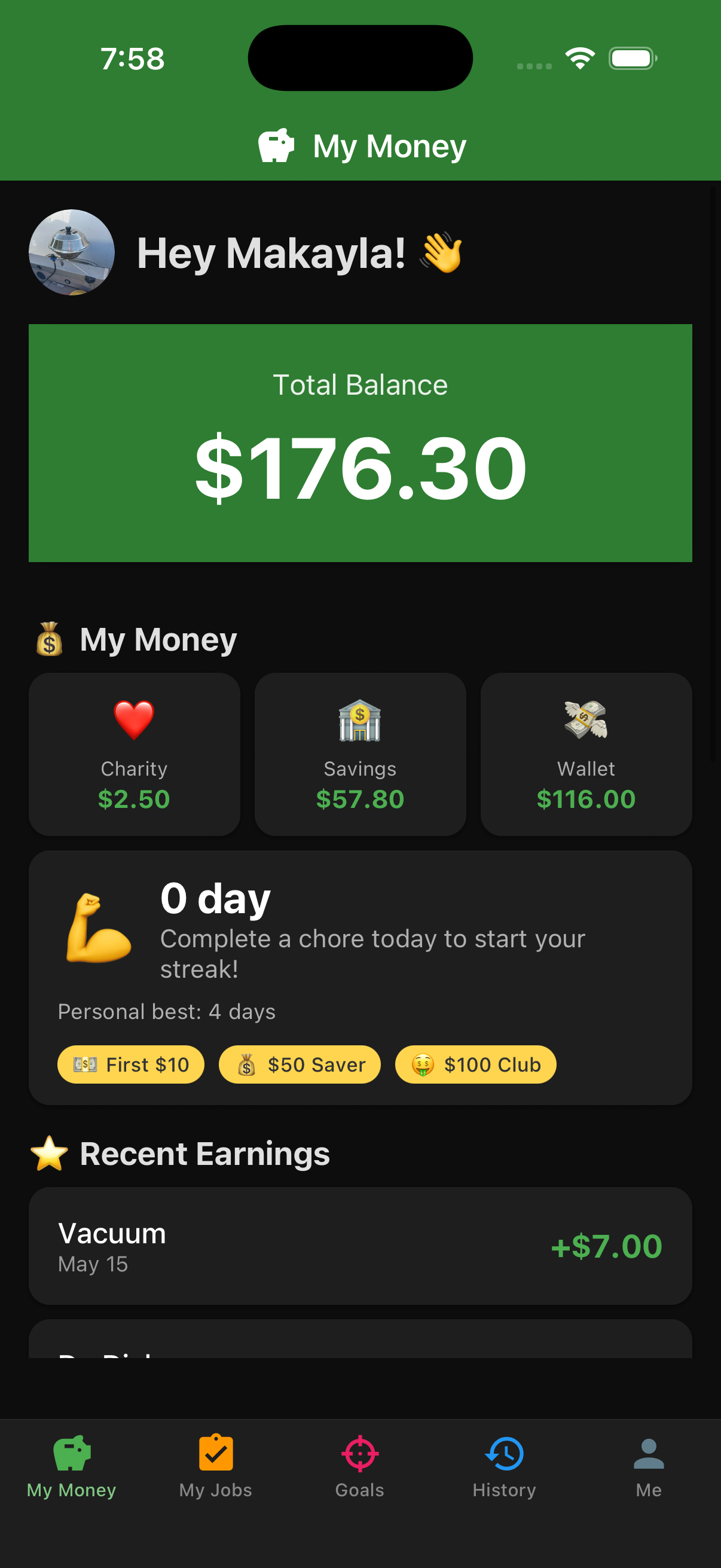 EarnIt kid dashboard showing earnings and savings progress
