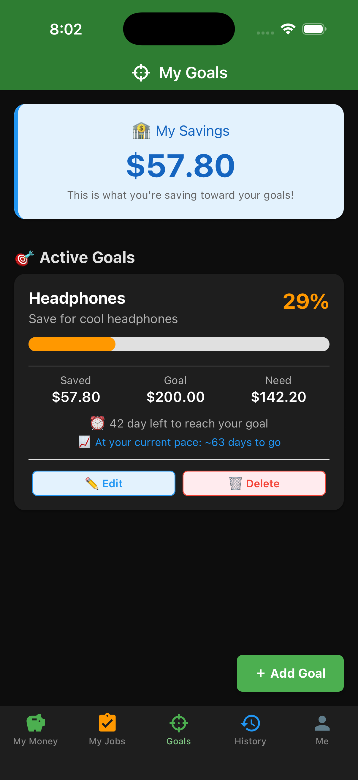 EarnIt kid savings goals screen with progress tracking