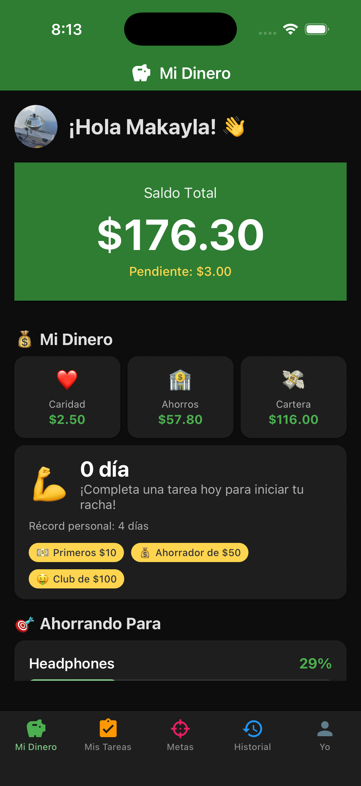 Panel del niño de EarnIt mostrando ganancias y progreso de ahorros