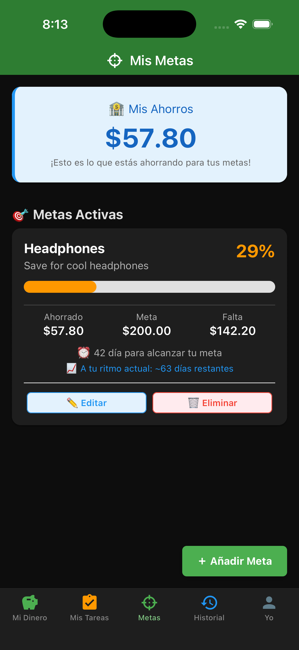 Pantalla de objetivos de ahorro del niño de EarnIt con seguimiento de progreso