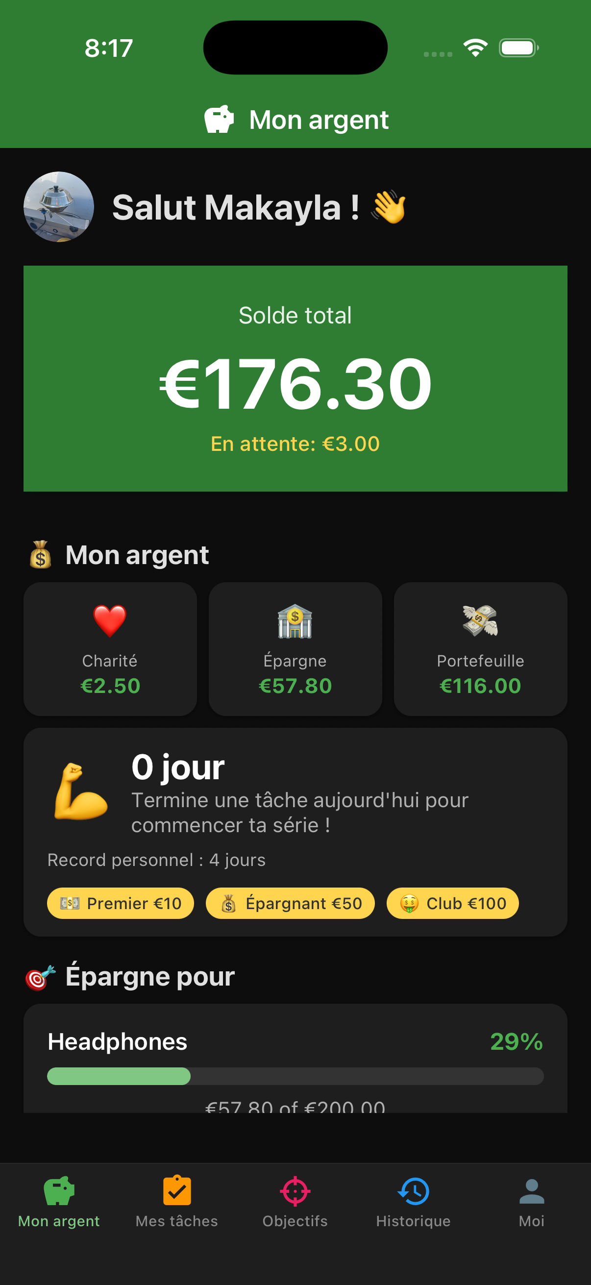 Tableau de bord enfant EarnIt montrant les gains et la progression de l'épargne