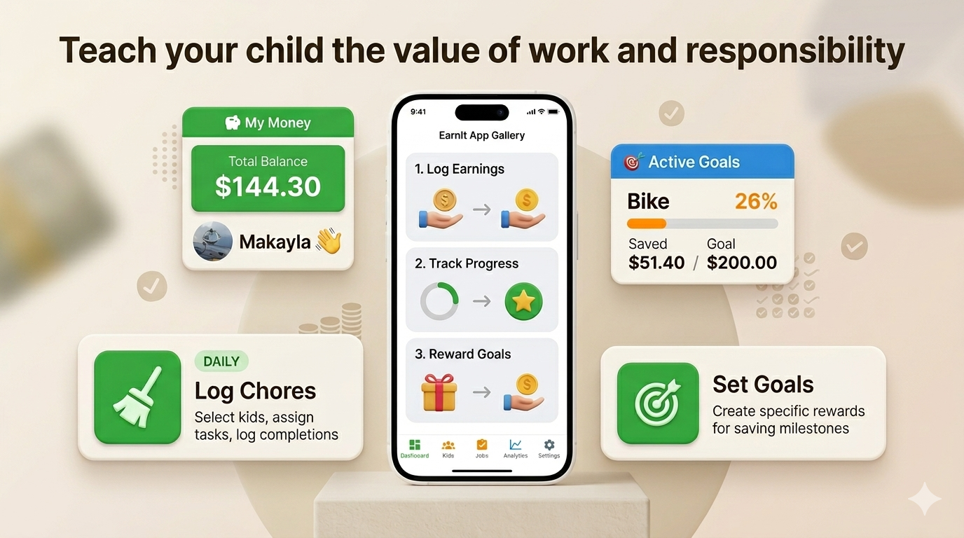 EarnIt - Kids Chore & Allowance App showing features like logging earnings, tracking progress, and reward goals
