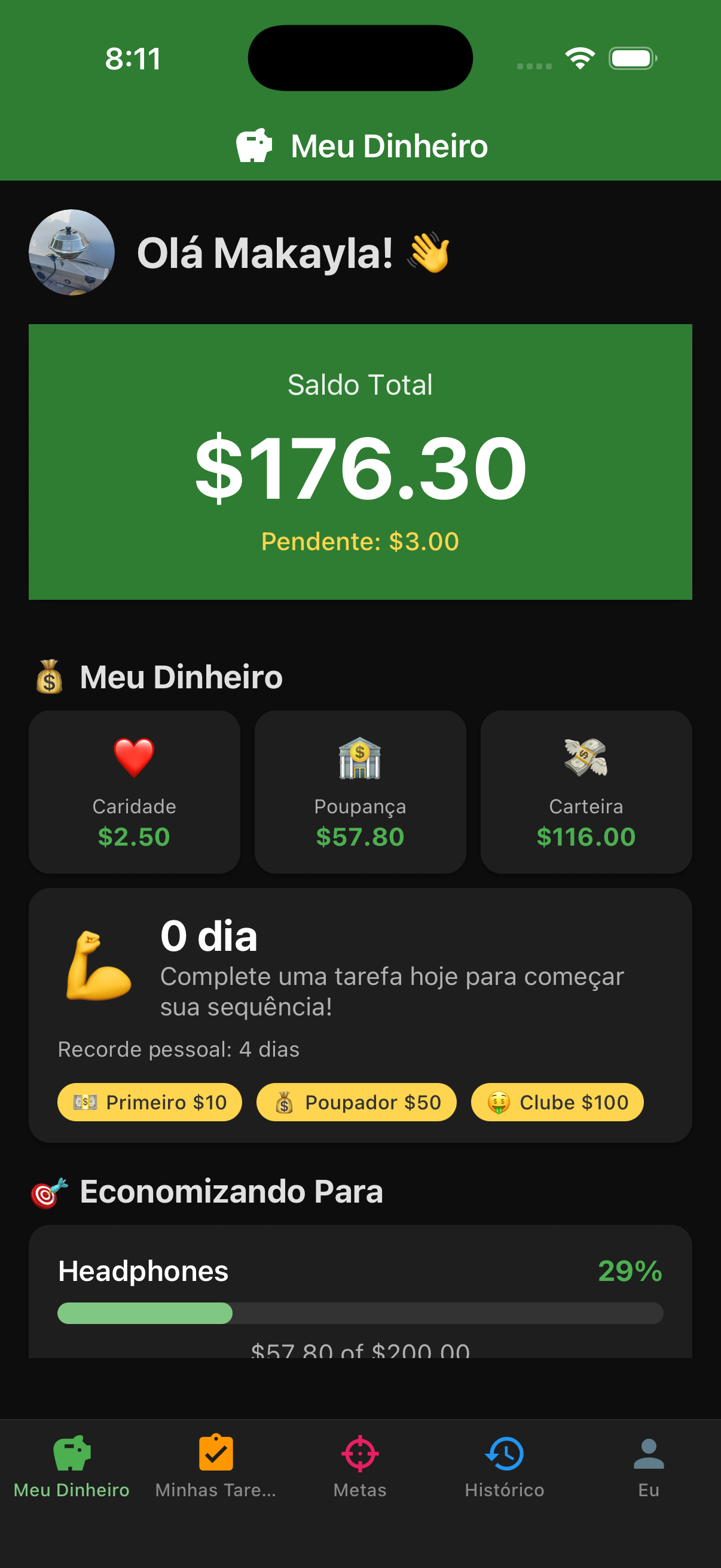 Painel da criança do EarnIt mostrando ganhos e progresso de poupança